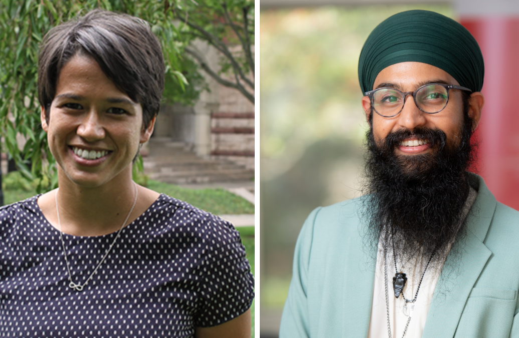 photo collage of two head and shoulder portraits of faculty members smiling against outdoor background