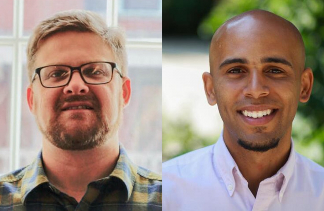 collage of two portraits of adults one with glasses and lighter short hair and a beard and the other with shaved head and goattee.