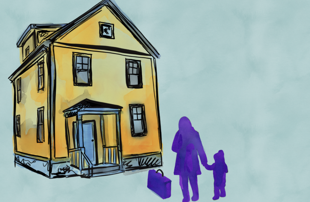 Illustration of an adult and child silhouette in front of a Rhode Island house