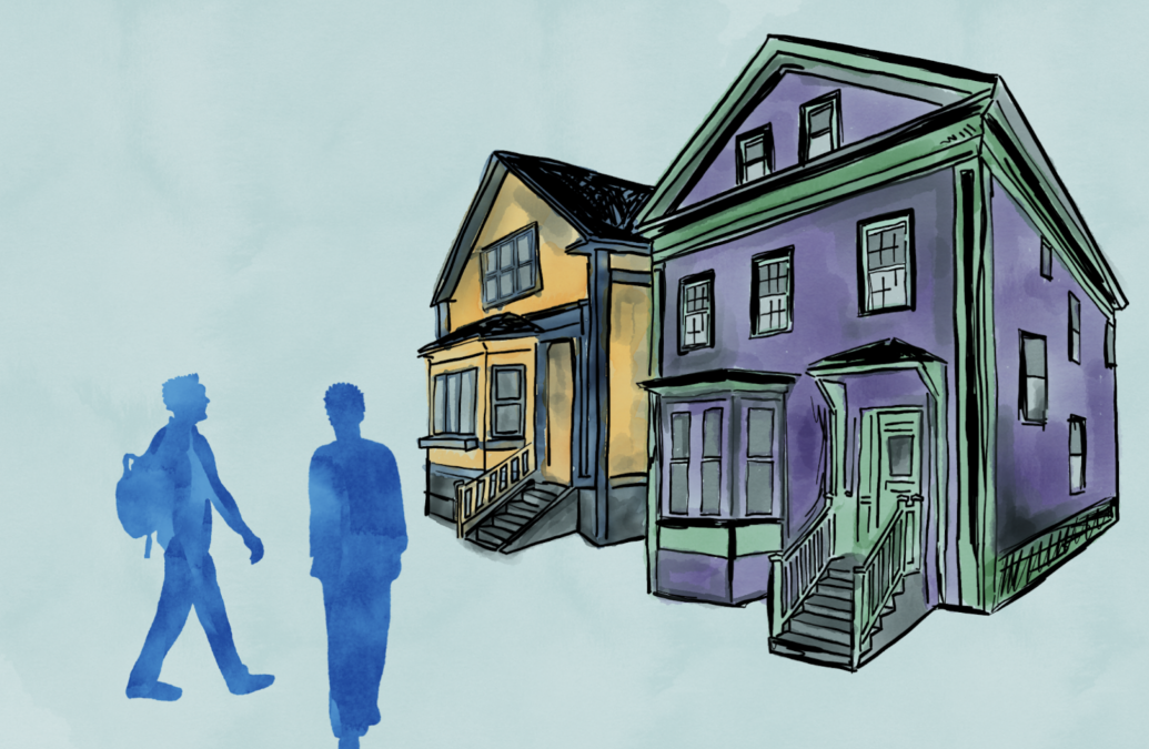 Illustration of two blue human silhouettes and two Rhode Island Houses