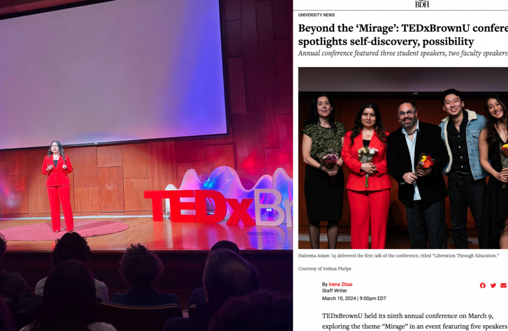 collage of two photos one depicting an adult in a red suit giving a presentation on stage to a crowd and the other a group picture of adults smiling.