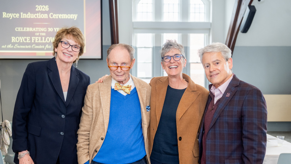 Four Brown University leaders and supporters pose together at the 2026 Royce Fellowship Induction Ceremony and 30th Anniversary Celebration.
